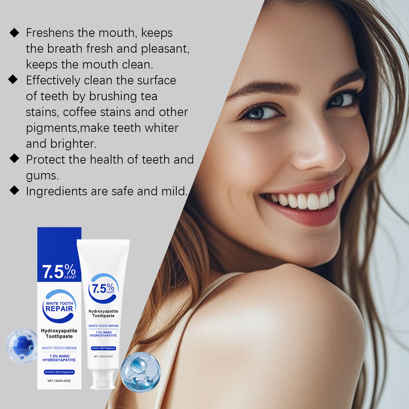 7.5% Hydroxyapatite Peppermint - огляд і ціна Teeth Whitening Foam Toothpaste